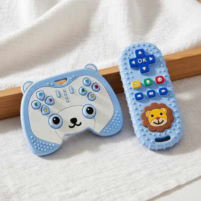 ETETOO 2pcs Silicone Cartoon Bear Game Controller Teether, Baby Soothing Teether, Lion Pattern Silicone Realistic TV Remote Control Educational Teether, Game Console Controller Teether For Learning And Fun, Perfect Sensory Teether For 0-3-6-12 Months Infants