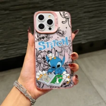 Disney Lilo & Stitch Angel Series  Case, Cute Cartoon Anime Design, Suitable For  17, 16, 15, 14, 13, 12, 11 Pro Max, XS, XR And X, Features A Reflective Back And Shockproof Corners. Perfect As A Birthday Gift, Holiday Gift, Or Valentine's Day Gift. - 白色 - 查看 9