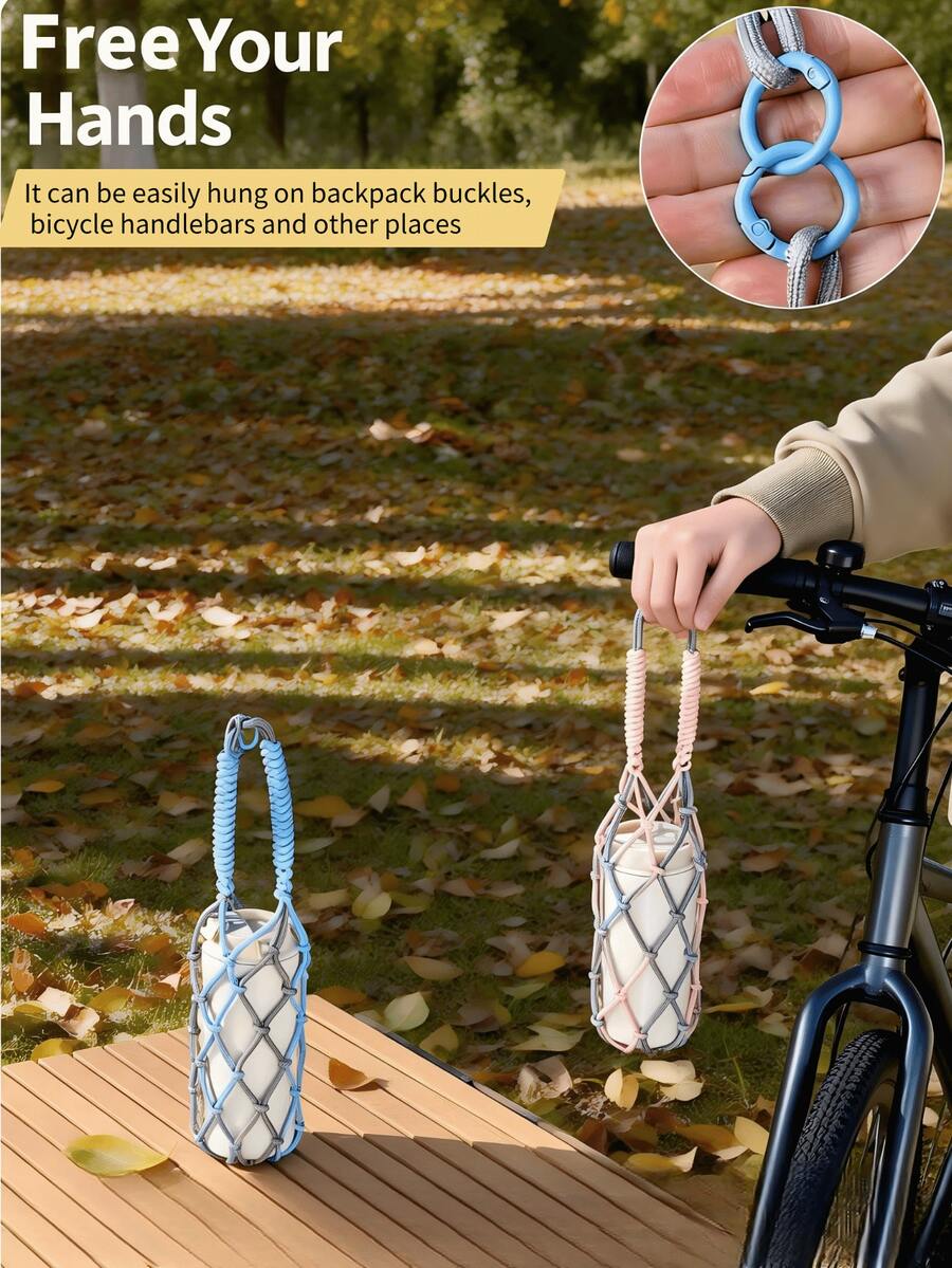 1pc Handmade Woven Water Bottle Bag With Hanging Rope, Non-Slip Protective Cover Suitable For Outdoor Travel , Outdoor Travel, Camping, Hiking, Daily Commute, Cup Storage - Multicolor - View 1
