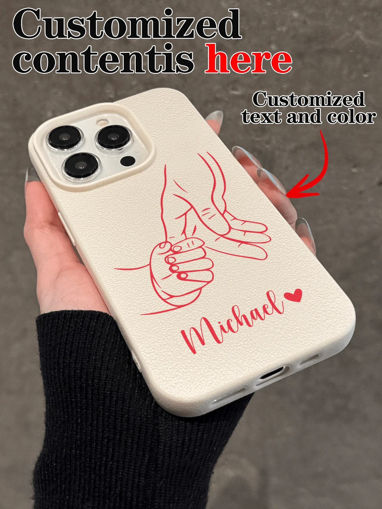 Customized Parent-Child Holding Hands Design Phone Case, Heart & Name Letter Customization, Shockproof Thick Transparent Full Coverage Soft Phone Protective Cover, Compatible With IPhone 11 13 15 16 17 Pro Max - Apricot - View 1