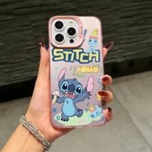 Disney Lilo & Stitch Angel Series  Case, Cute Cartoon Anime Design, Suitable For  17, 16, 15, 14, 13, 12, 11 Pro Max, XS, XR And X, Features A Reflective Back And Shockproof Corners. Perfect As A Birthday Gift, Holiday Gift, Or Valentine's Day Gift. - 粉色 - 查看 2