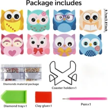 8Pcs Cute Owl Shape DIY Diamond Painting Coasters Set With Holder, Sparkling Rhinestone Art Craft Cup Mats For Home Decor & Gifts - Multicolor - View 4