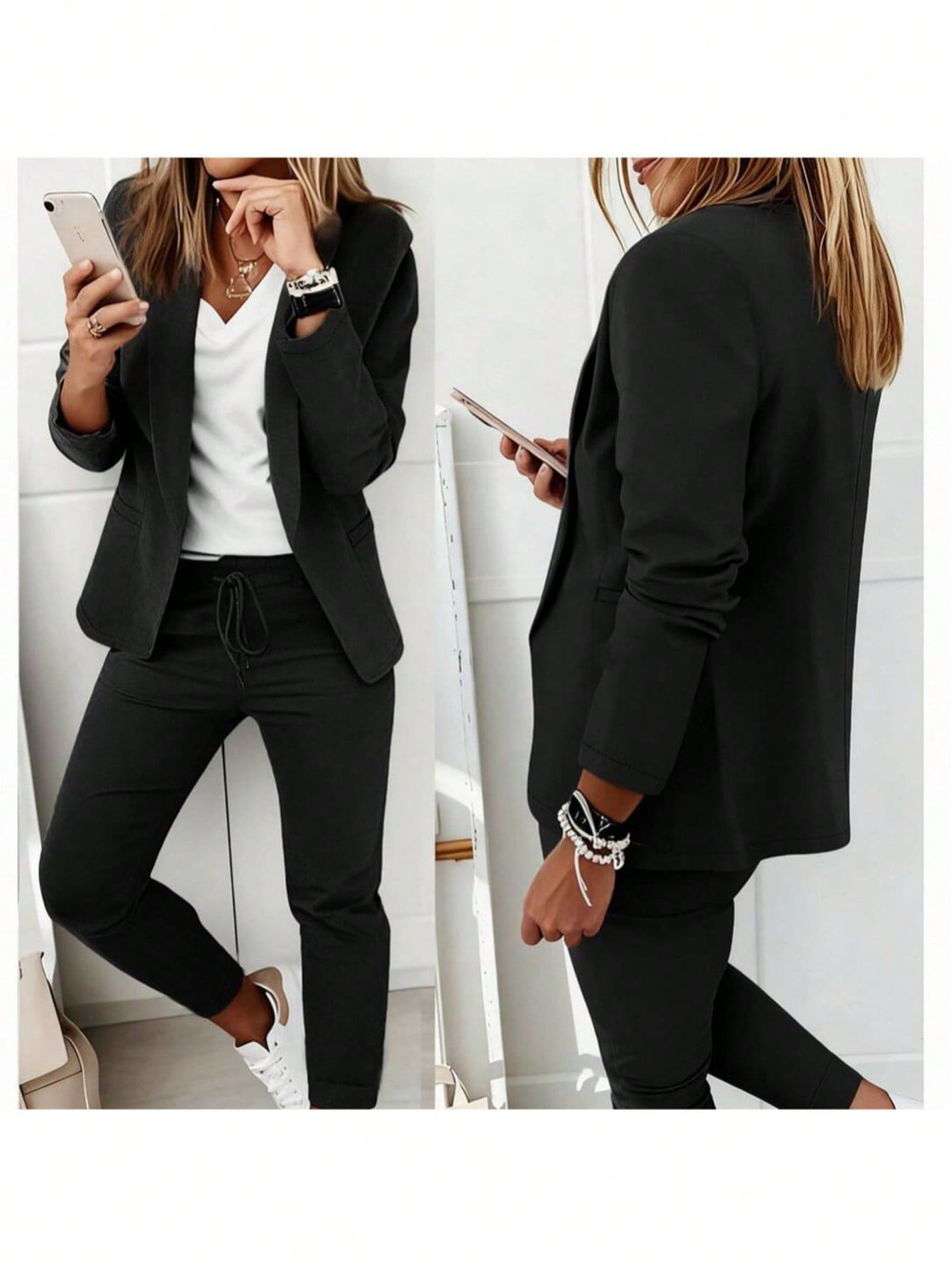 2pcs Women's Suit Set: Lapel Collar Jacket And Elastic Waist Pants