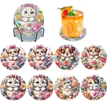 8Pcs/Set Cute Puppy & Kitten In Teacup Floral DIY Diamond Painting Coasters Set With Holder, Sparkling Rhinestone Art Craft Cup Mats For Home Decor & Pet Lover Gifts - Multicolor - View 9