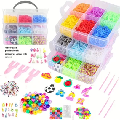 DIY橡皮筋手链套装，含约4550个橡皮筋，带收纳盒，可制作手链、项链和手机链，三层手工工艺套装，适用于珠宝制作、创意项目和配件。