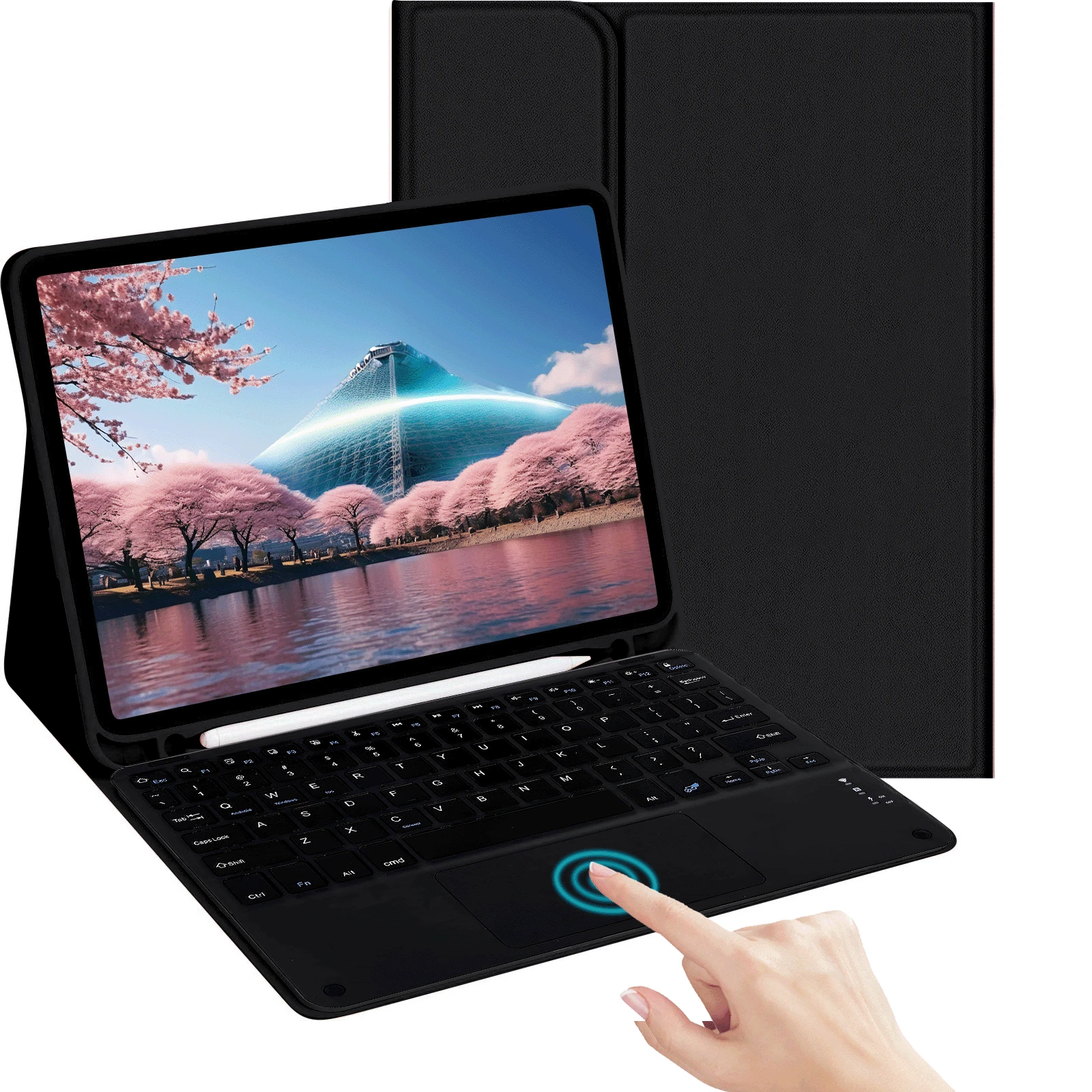 可拆卸可充电触控板键盘保护套，带笔槽，兼容三星 Galaxy Tab / iPad / Redmi Pad SE，磁吸式蓝牙键盘保护套（黑色） - 黑色 - 查看 1