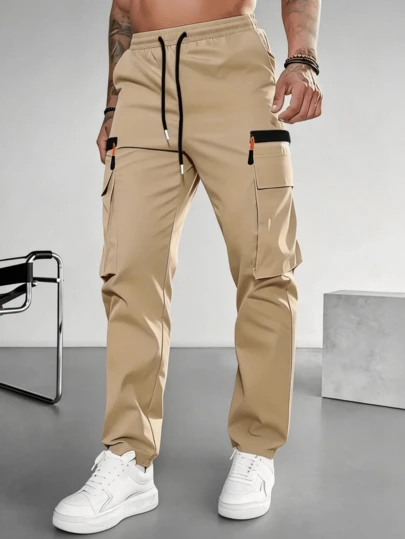 1pc Men's Khaki Elastic Waist Zipper Casual Cargo Pants, Lightweight Durable Easy Care, Casual Style Suitable For Daily Commute, Plus Size