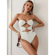 Cream Bandeau One Piece Swimsuit - Women's Starfish Cutout Swimwear, Ruched Tummy Control Bathing Suit, Sexy Beach Pool Summer Swimsuit For Women - Multicolor 877 - View 3