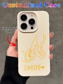 Customized Parent-Child Holding Hands Design Phone Case, Heart & Name Letter Customization, Shockproof Thick Transparent Full Coverage Soft Phone Protective Cover, Compatible With IPhone 11 13 15 16 17 Pro Max - Apricot - View 3