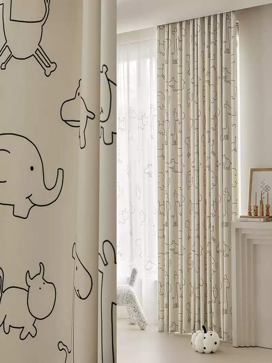 1件卡通动物印花米色窗帘，适合男孩房、儿童房，遮光效果好，可定制