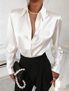 Áo sơ mi nữ dài tay màu trơn, kiểu dáng công sở thanh lịch tối giản, thích hợp cho kỳ nghỉ xuân, màu trắng. - trắng - Xem 2