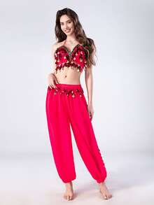 2pcs Women's Belly Dance Outfit, Shiny Fringe Sequin Crop Top + Harem Pants, Belly Dance Performance & Training Costume Set - Multicolor - View 6