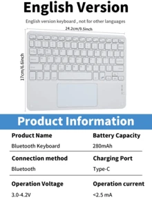 Detachable Rechargeable Touchpad Keyboard Case With Pen Slot, Compatible With Samsung Galaxy Tab / IPad / Redmi IPad SE, Magnetic Bluetooth Keyboard Cover (Light Gray)