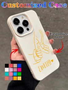 Customized Parent-Child Holding Hands Design Phone Case, Heart & Name Letter Customization, Shockproof Thick Transparent Full Coverage Soft Phone Protective Cover, Compatible With IPhone 11 13 15 16 17 Pro Max - Apricot - View 4