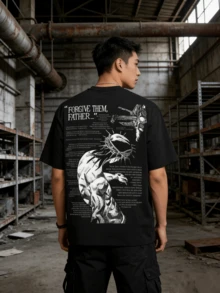 Men's T-Shirt, "Forgive Them, Father" Graphic Tee, Unisex, Casual, Crew Neck, Religious Illustration, Steel Ball Run - Manga - Inspired By Jesus, Spiritual Statement, Men's Sweater, Men's T-Shirts, Cotton Crew Neck T-Shirt, Short Sleeve, Men's Summer Tops, Sleeve T-Shirt, Summer Clothing, T-Shirts For Summer Tops - 黑色 - 查看 9