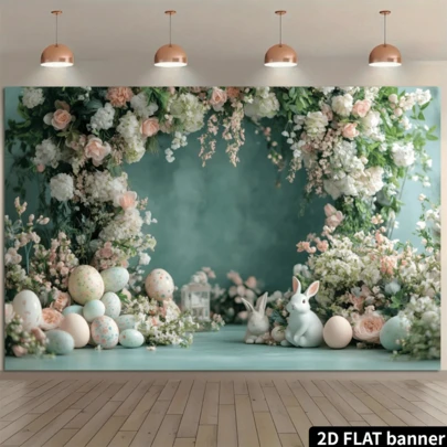 2D Flat Easter Wreath Background Cloth, White Rabbit, Colorful Easter Eggs, Flowers, Green Leaves, Blue-Green Background, Festival Decoration, Home Decoration, Party Decoration, Photo Background, Polyester Fiber, No Power Required