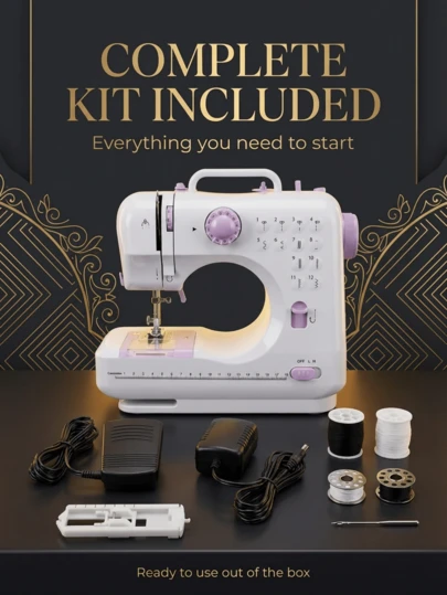 这款迷你便携式电动缝纫机内置12种缝纫花样和2档可调速度。它采用USB供电，并配有适配器。其小巧的设计还包括脚踏板和自动穿线器，非常适合初学者使用。它适用于家庭使用、旅行和DIY手工制作。