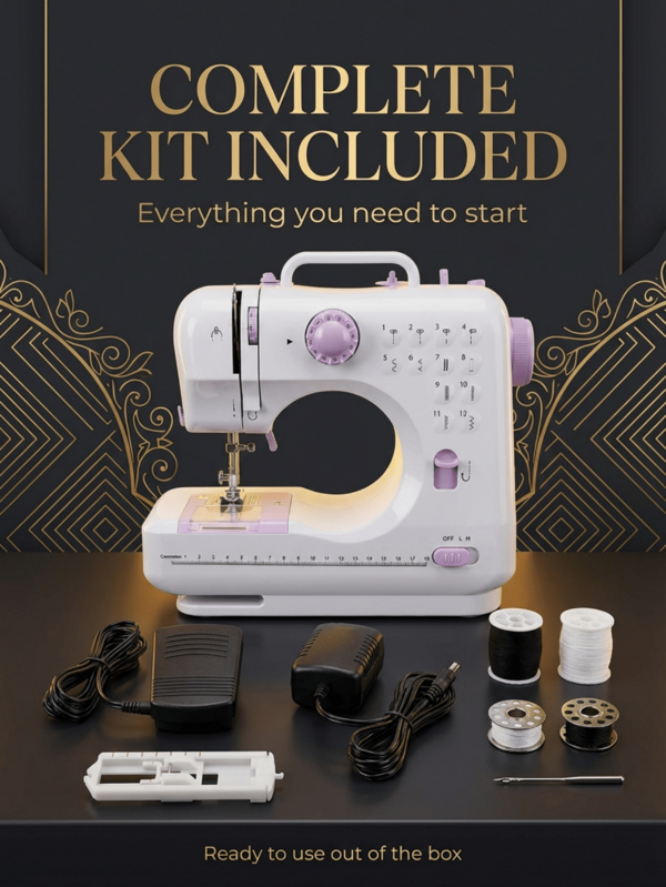 这款迷你便携式电动缝纫机内置12种缝纫花样和2档可调速度。它采用USB供电，并配有适配器。其小巧的设计还包括脚踏板和自动穿线器，非常适合初学者使用。它适用于家庭使用、旅行和DIY手工制作。