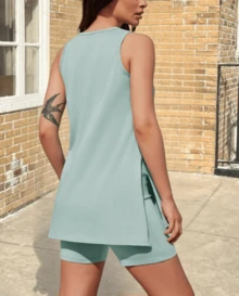 Women's Summer 2 Piece Outfits Sleeveless High Low Spilt Hem Tank Top Biker Shorts Sets Lounge Set Tracksuit - Green - View 2