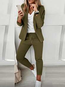 2pcs Women's Suit Set: Lapel Collar Jacket And Elastic Waist Pants - Army Green - View 4