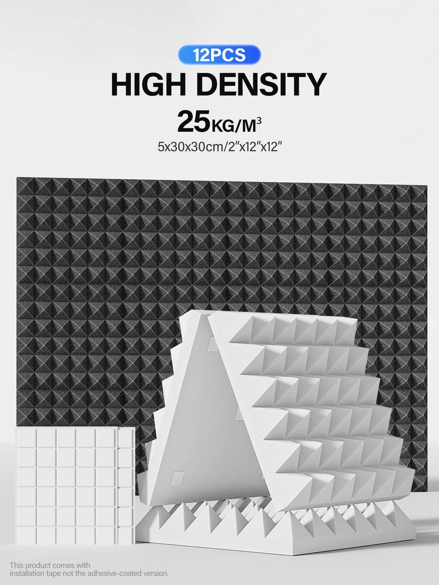 TMJD MISS [12pcs] Pyramid Acoustic Foam - 12x12x2 Inches, High Density Sound Absorbing Sponge Wall, Music Studio Home Ceiling Soundproofing (Black/White/Gray/Purple) - Multicolor - View 1