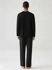 2 件男士休闲宽松睡衣套装，适合派对、居家、旅行、年轻人、家居服，圆领长袖上衣带口袋，侧条纹裤，针织面料，春秋冬秋季服装 - 黑色 - 查看 2