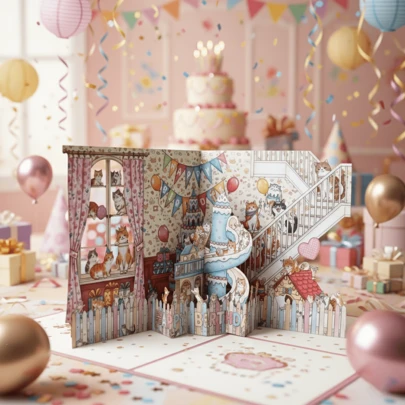 1Pack 3D Pop Up Cartoon Cat Birthday Card ,Adorable Kitten Popout Design With Balloon & Confetti , Cat Lovers Gift Party Invitation Greeting Card Cat-Themed Home Decor,Birthday Party Gift Card.