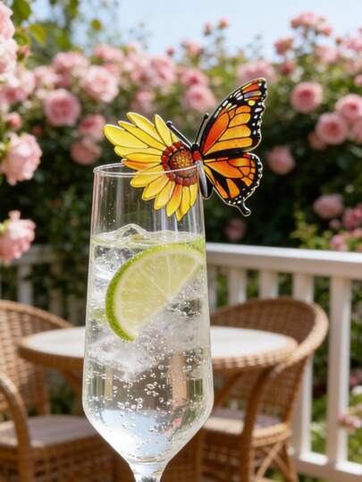 1pc/5pcs Butterfly Cup Rim Decorations, Butterfly Cup Clips, Floral Style Tabletop Decor, Suitable For Outdoor Garden Party, Wedding Table Decor, Bar Drink Identification, Reusable Cup Markers