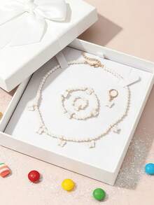 1pc Pearl Jewelry Set: 1 Necklace, 1 Bracelet, 1 Ring, 1 Pair Earrings, Suitable For Teenagers