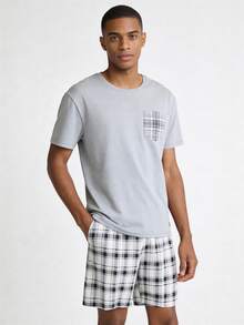 Snug League 2pcs Men's Lightweight Pajama Set, Short Sleeve & Shorts, Plaid Striped Casual Sleepwear Set - Light Grey - View 4