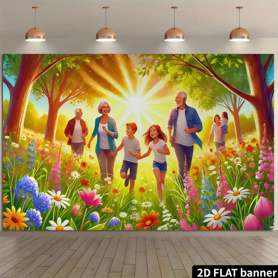 Baner płaski 2D 1 szt. Słoneczny rodzinny spacer po lesie JJQ ze sceną z jasnym kwiatowym i słonecznym wzorem, trwała dekoracja na imprezę wewnątrz i na zewnątrz