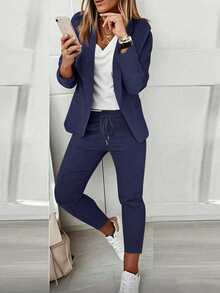 2pcs Women's Suit Set: Lapel Collar Jacket And Elastic Waist Pants - Blue - View 4