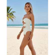 Cream Bandeau One Piece Swimsuit - Women's Starfish Cutout Swimwear, Ruched Tummy Control Bathing Suit, Sexy Beach Pool Summer Swimsuit For Women - Multicolor 877 - View 7