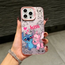 Disney Lilo & Stitch Angel Series  Case, Cute Cartoon Anime Design, Suitable For  17, 16, 15, 14, 13, 12, 11 Pro Max, XS, XR And X, Features A Reflective Back And Shockproof Corners. Perfect As A Birthday Gift, Holiday Gift, Or Valentine's Day Gift. - Pink - View 2