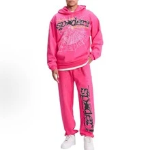 SP5DER Hoodie Cobweb Pattern Spider Worldwide Tracksuit Unisex Sweatshirt Men Women Graphic Outwear, Tracksuit Pullover Sweatshirt For Women Men Matching Hoodies For Couples - Rose red/set - 查看 1