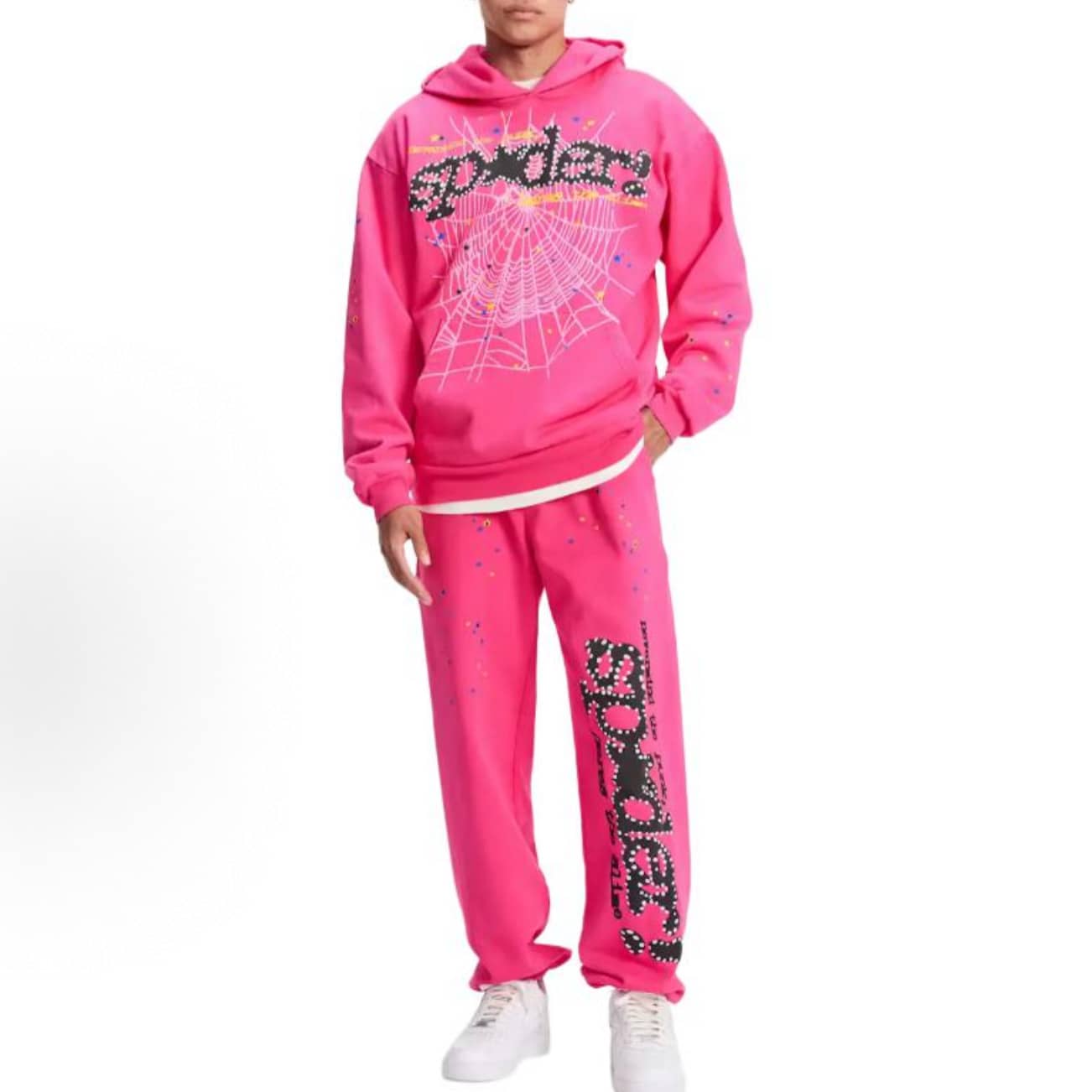 SP5DER Hoodie Cobweb Pattern Spider Worldwide Tracksuit Unisex Sweatshirt Men Women Graphic Outwear, Tracksuit Pullover Sweatshirt For Women Men Matching Hoodies For Couples - Rose red/set - 查看 1