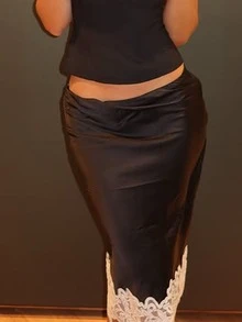 Váy dài nữ bằng lụa satin, kiểu dáng nửa váy, phối ren, eo chun, thanh lịch, mềm mại, dáng chữ A, váy midi mùa hè màu đen. - màu đen - Xem 5