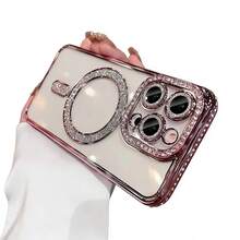 1个粉色磁吸闪粉手机壳，奢华闪亮水钻镀层边框保护壳，兼容MagSafe，闪亮摄像头镜头保护透明盖，适用于女性和女孩，兼容 17 Pro/17 Pro Max/Apple Air/17/16 Pro/16 Pro Max/16 Plus/16/16 E