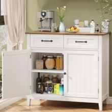 Aparador Buffet "Coffee Station" (90cm) - Gabinete de Cocina con Cubierta de Madera y 2 Cajones, Mueble Organizador Estilo Farmhouse - Blanco - Ver 1