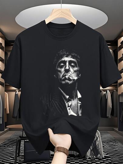 Camisetas para Hombres, Camisas para Hombres, Ropa para Hombres, Camisetas para Hombres, Ropa, Camiseta de 180G Blanca y Negra con Estampado de Tony Montana, Camiseta de Alta Calidad, Cuello Redondo, Ajuste Básico y Holgado, para Hombres