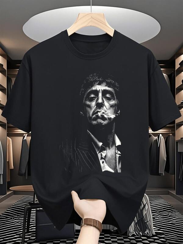 Camisetas para Hombres, Camisas para Hombres, Ropa para Hombres, Camisetas para Hombres, Ropa, Camiseta de 180G Blanca y Negra con Estampado de Tony Montana, Camiseta de Alta Calidad, Cuello Redondo, Ajuste Básico y Holgado, para Hombres