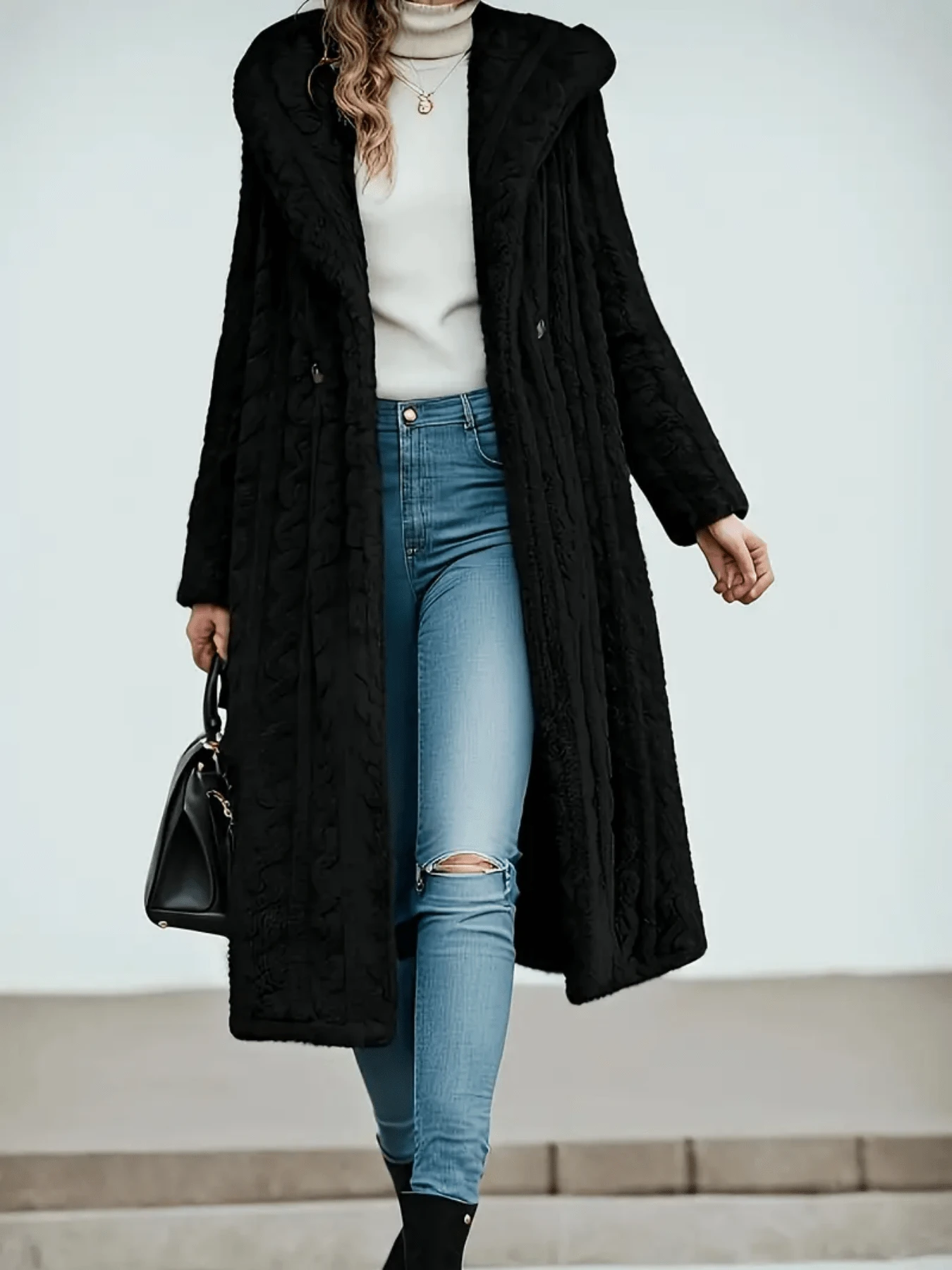 Warm Women's Longline Coat With Hood – Plush Textured Fabric For Chilly Spring & Winter Days. Its Unique Raised Pattern Brings Luxe Vibe, Lightweight Yet Snug Enough For Early Spring. Effortlessly Elevates Any Casual Outfit. - 黑色 - 查看 1
