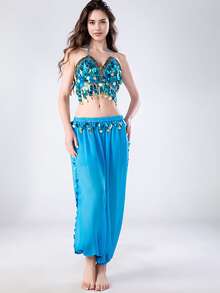 2pcs Women's Belly Dance Outfit, Shiny Fringe Sequin Crop Top + Harem Pants, Belly Dance Performance & Training Costume Set - Multicolor - View 21