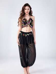 2pcs Women's Belly Dance Outfit, Shiny Fringe Sequin Crop Top + Harem Pants, Belly Dance Performance & Training Costume Set - Multicolor - View 17