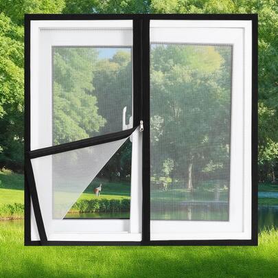 带拉链开口的窗纱网 - 自粘式魔术贴安装，无需钻孔，防蚊虫窗户纱窗