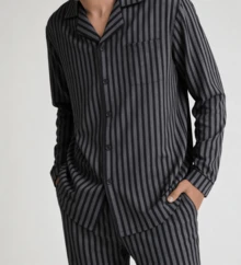 Snug League 2pcs Men Plus Size Striped Long Sleeve Top & Pants Sleepwear Set, High Quality Casual Home Outfit For Spring And Autumn, Fall Winter Clothes - Black - View 4
