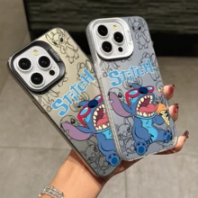 Disney Lilo & Stitch Angel Series  Case, Cute Cartoon Anime Design, Suitable For  17, 16, 15, 14, 13, 12, 11 Pro Max, XS, XR And X, Features A Reflective Back And Shockproof Corners. Perfect As A Birthday Gift, Holiday Gift, Or Valentine's Day Gift. - màu đen - Xem 3