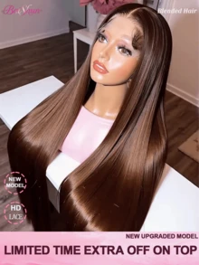 Wear & Go 200% 密度假发，26 英寸直发，5x5 蕾丝前额假发，巴西真人发假发，5x5 英寸预剪预拔带婴儿发，无胶直发真人前额假发，女士款，4# 巧克力深棕色，13x4 13x6 高清蕾丝前额真人混纺发 - 棕色 - 查看 2