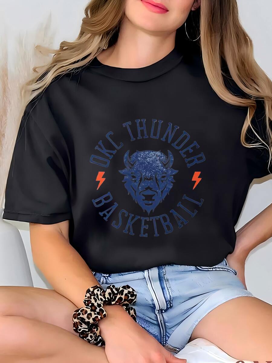 Okc Thunder Bison Head Oversized Heavyweight Hooded Camiseta - Negro - Ver 1