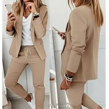 2pcs Women Set: Collar Suit Jacket & Elastic Waist Pants